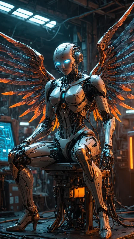 (masterpiece, best quality, intricate, detailed, ornate, vibrant colors), indoors, (factory), machinery, neon, CyberAngel, sitting, (mechanical parts), mechanical limbs, (mechanical wings), cybernetic augmentations, probes, cables, wires, biopunk, cyberpunk, technology, UHD