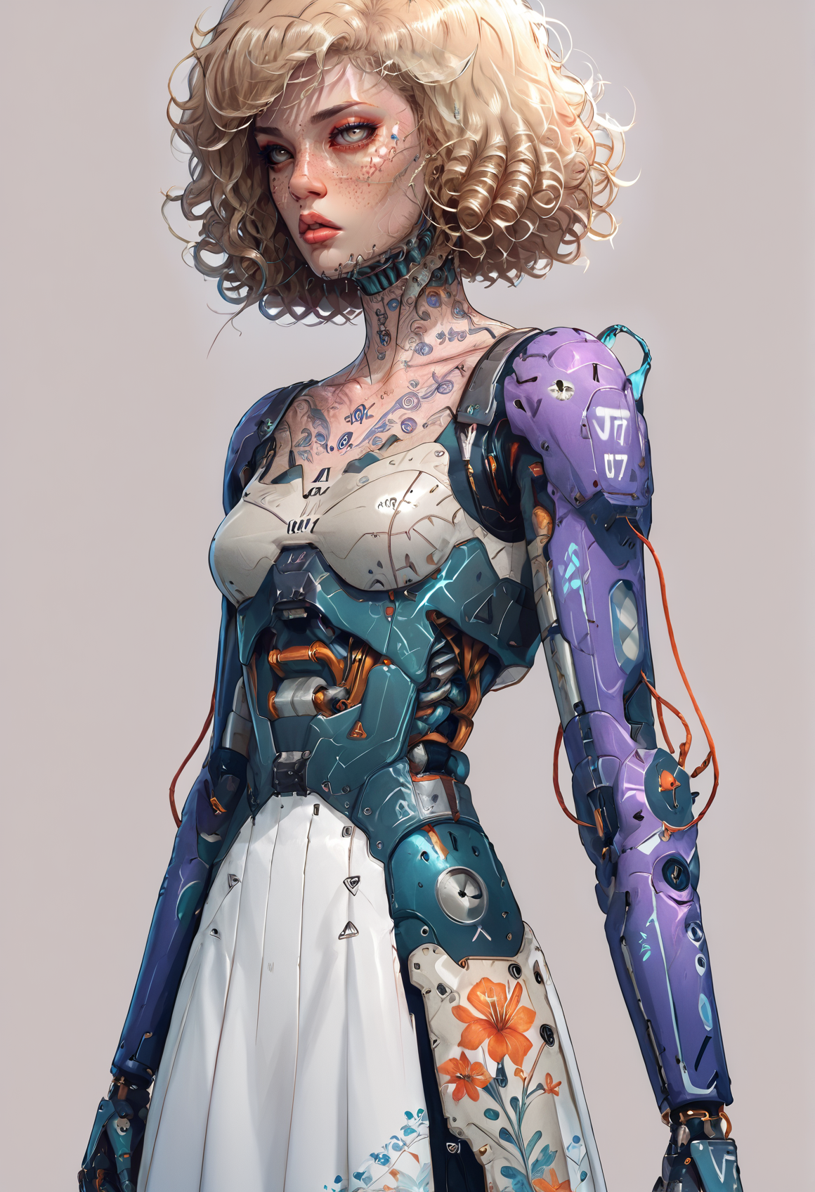 score_9,score_8_up,score_7_up,score_6_up,score_5_up,score_4_up,1 girl,solo,female focus,looking at the spectator,(Square face, light brown eyes, slightly full lips, short curly blonde hair, 5'5", 122 lbs, medium breasts, narrow waist, fit physique, a butterfly tattoo on the collarbone, fair skin with freckles, pronounced cheekbones, and a small cleft in the chin.:1.3),(A lavender lace bra paired with a white puffy mini skirt, and finished with soft lavender high heels on a platform, with intricate lace patterns and a skirt made of premium chiffon, creating a delicate and elegant ensemble.:1.3),(plain contrasting background:1.3),(full-length:1.5),hands,Perfect hand,Perfect feet,Perfect eyes,cyb0rg,science fiction,cable,mechanical parts,<lora:feet v3:1>,<lora:hand 4:1>,<lora:PerfectEyesXL:1>,zPDXL2,zPDXLpg,<lora:cyb0rgXLP:0.8>,<lora:add-detail-xl:1>,<lora:DP-Pony:1>,p33rs,<lora:incase-ilff-v3-4:0.2>,