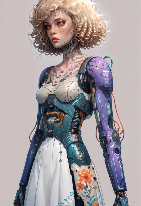 score_9,score_8_up,score_7_up,score_6_up,score_5_up,score_4_up,1 girl,solo,female focus,looking at the spectator,(Square face, light brown eyes, slightly full lips, short curly blonde hair, 5'5", 122 lbs, medium breasts, narrow waist, fit physique, a butterfly tattoo on the collarbone, fair skin with freckles, pronounced cheekbones, and a small cleft in the chin.:1.3),(A lavender lace bra paired with a white puffy mini skirt, and finished with soft lavender high heels on a platform, with intricate lace patterns and a skirt made of premium chiffon, creating a delicate and elegant ensemble.:1.3),(plain contrasting background:1.3),(full-length:1.5),hands,Perfect hand,Perfect feet,Perfect eyes,cyb0rg,science fiction,cable,mechanical parts,<lora:feet v3:1>,<lora:hand 4:1>,<lora:PerfectEyesXL:1>,zPDXL2,zPDXLpg,<lora:cyb0rgXLP:0.8>,<lora:add-detail-xl:1>,<lora:DP-Pony:1>,p33rs,<lora:incase-ilff-v3-4:0.2>,