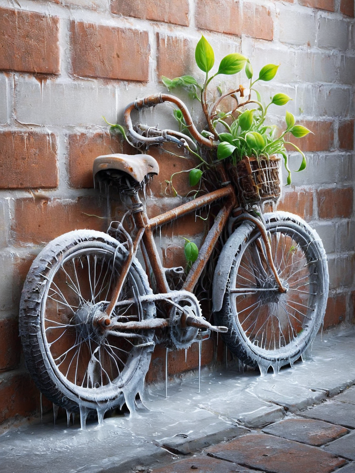 ais-sproutz rusty bicycle, leaning against a brick wall <lora:Sprouting_Spring_SDXL:1>