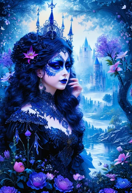 fantastical appearence of a female, gothic, heavy dark makeup with whimsical elements, magical fairytale landscape, fantasy style art, deep blue, black, white theme, intricate details, ultra sharp, exquisite detail, flawless composition, vivid colors, masterpiece, exciting background