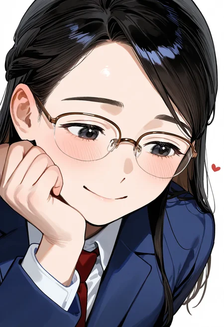halfrim22A, over-rim eyewear, brown-framed eyewear,
1girl, solo, black eyes, black hair, long hair, braid, bangs, collared shirt, red necktie, blue blazer, blush, smile, happy,
simple background, white background, portrait, upper body, looking at another, look down, looking to the side, hand on own cheek, heart, thought bubble, spoken heart,
masterpiece, best quality, amazing quality, very aesthetic, absurdres,
<lora:glasses_halfrim22A_Illustrious_V1L:0.7>