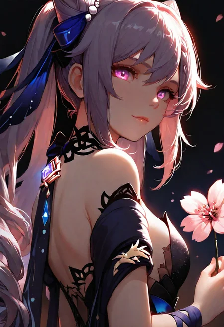 1girl, Keqing Genshin Impact, Opulent Splendor, glowing eyes, lips, thin lips, solo, looking at viewer, charming smile, holding flower, chupa chups, upper body, from below, back lighting, dark, multicolored background, masterpiece, cherry blossom, best quality, very aesthetic