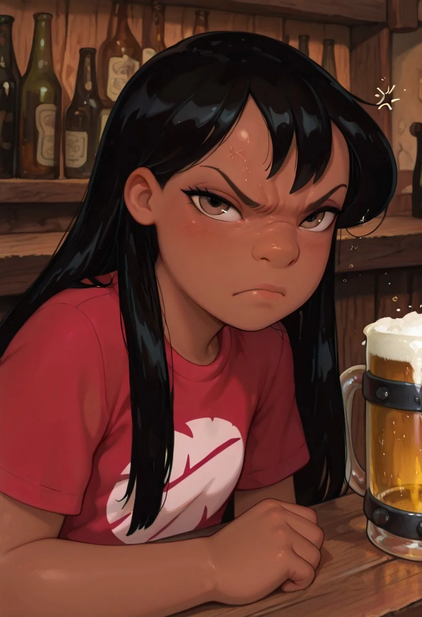 masterpiece, best quality, amazing quality, very aesthetic, artist:moriimee, 748cmstyle.
(Girl:0.0), 1girl, (solo), lilo_pelekai, dark-skinned female, black hair, long hair,
(Scene:0.0), a girl in a bar, beer mug, frown, looking at viewer, drunk, angry