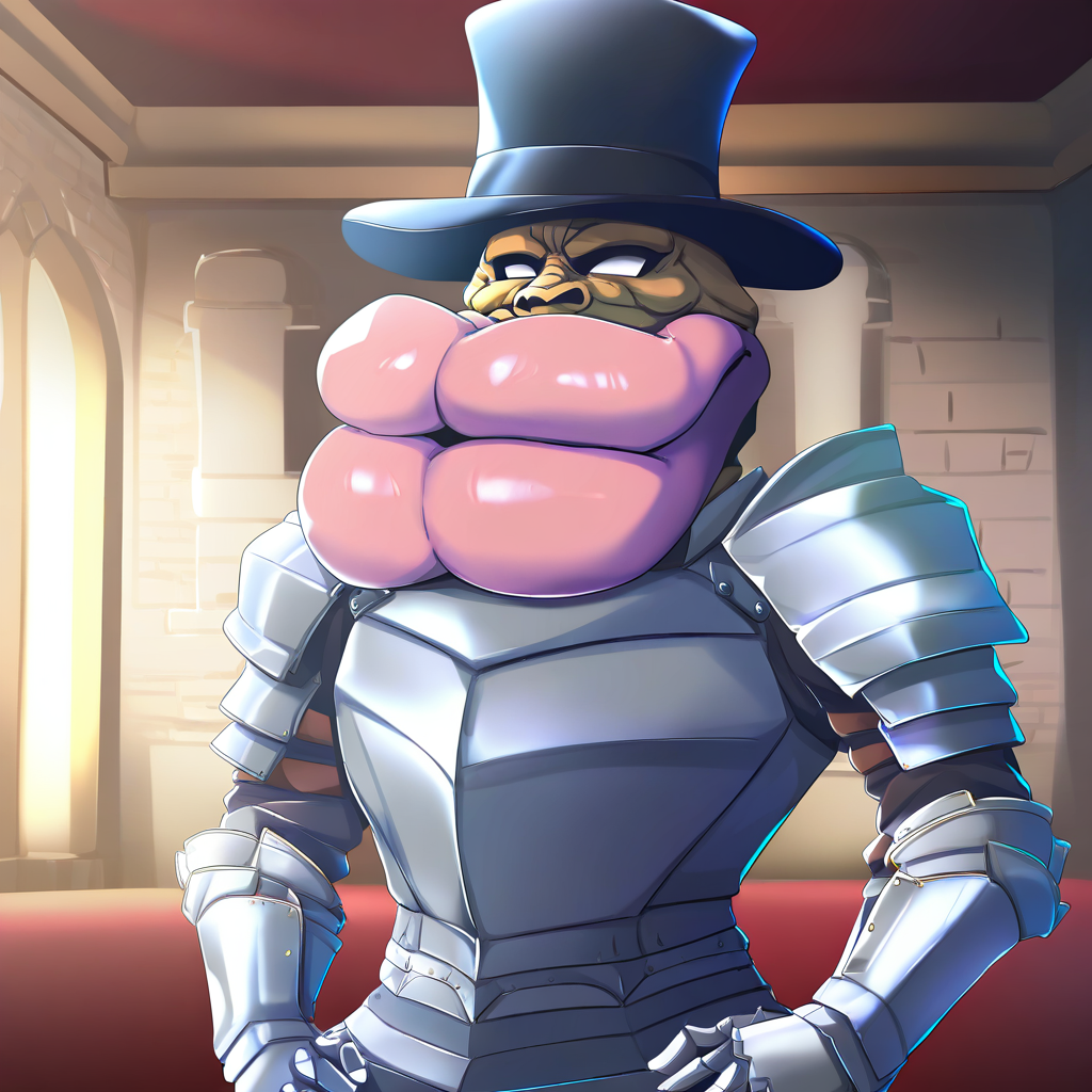 sfw, masterpiece, best quality,absurderes, <lora:HyperIllustrious:1>, kurokoshou_(emuburemu123),1boy,solo,upper body,hyper lips,smile,top hat,armor,chestplate,indoors,castle