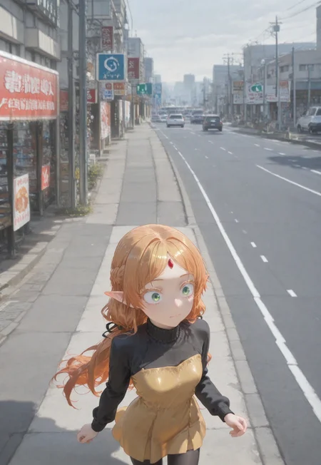 source_anime, high res image, masterpiece, perfect quality, best quality, absurdres, scenic, ultra detailed face, detailed eyes,
very awa, nyalia,
HDR,
1girl, pointy ears, elf, blonde hair, long hair, green eyes, colored eyelashes, orange hair, forehead jewel, low twintails, french braid, gradient hair, red gemstone,
turtleneck, black shirt, long sleeves, yellow dress, short dress, black pantyhose,
raised head, looking upwards, confused, surprised, slightly opened mouth,
Japanese Suburbs,
shop, scenery, outdoors, road, sign, building, street, road sign, city, power lines, utility pole, traffic light,crosswalk, lamppost, sidewalk, cityscape,
high angle shot, from top, medium wide shot, long shot