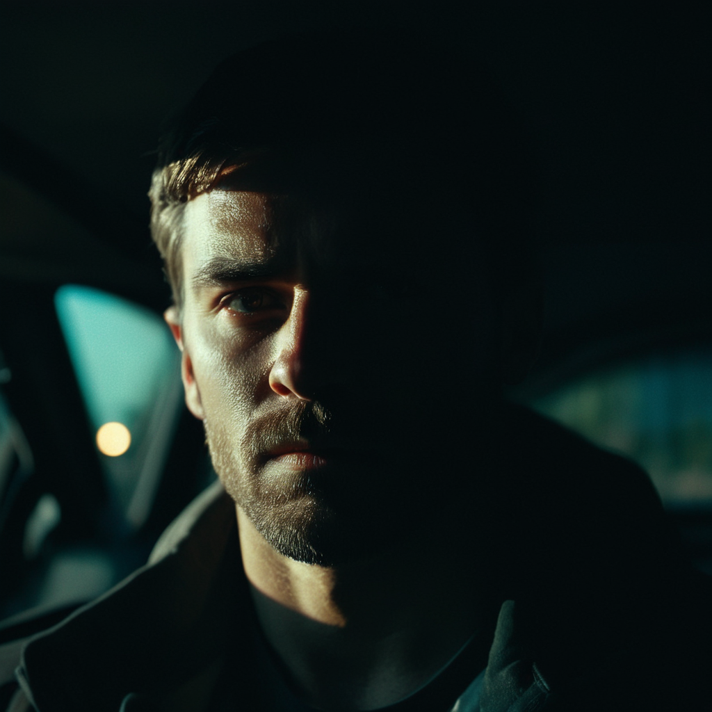 cinematic film still of  <lora:Split Lighting style v2:1>
Split Lighting Photography of a man in a car looking at something,solo,1boy,closed mouth,male focus,blurry,facial hair,black background,dark ,realistic , realistic, realism, photorealism, hyperrealism, hyperrealistic, realistic, sharp, detailed, cinematography style, film light style, movie still,  professional photography, artistic, perfection, contrast, cinematic, filmic, high quality photo,  8k quality, colorful, partially covered in shadow, dark shadow, split light, side light, Split Lighting Photography style, shallow depth of field, vignette, highly detailed, high budget, bokeh, cinemascope, moody, epic, gorgeous, film grain, grainy