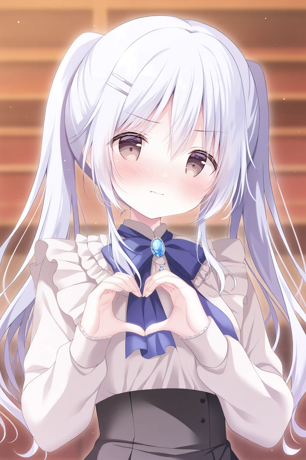 masterpiece, best quality, high quality, detailed, absurdres,newest, scenery, 1girl, solo, official style,best perspective,depth of field, very_aesthetic, best_quality ,high_resolusion, (8K:1.5),,crisp quality, ultra detailed,perfect anatomy,perfect lighting,anime screencap, perfect eyes,detailed eyes,<lora:Arianna_Heartbell_Illustrious:1>,arianna, date arianna, 1girl, long hair, light blue hair, light brown eyes, twintails, bangs, hair between eyes, long sleeves, frilled sleeves, frilled cuffs, frilled blouse, white blouse, center frills, high collar, bow, blue bow, skirt, pleated skirt, black skirt, high waist skirt, suspender skirt, socks, ruffled socks, white socks, shoes, white shoes, strapped shoes, jewel, blue gem, pendant brooch,right hairclip, silver hairclip, double hairclip,
1girl, solo, heart hands, heart, blush, long hair, looking at viewer, (upper body:1.3),, bangs, closed mouth, simple background, embarrassed,frown,wavy mouth,nose blush, head tilt,(upper body:1.5),from below, close-up,