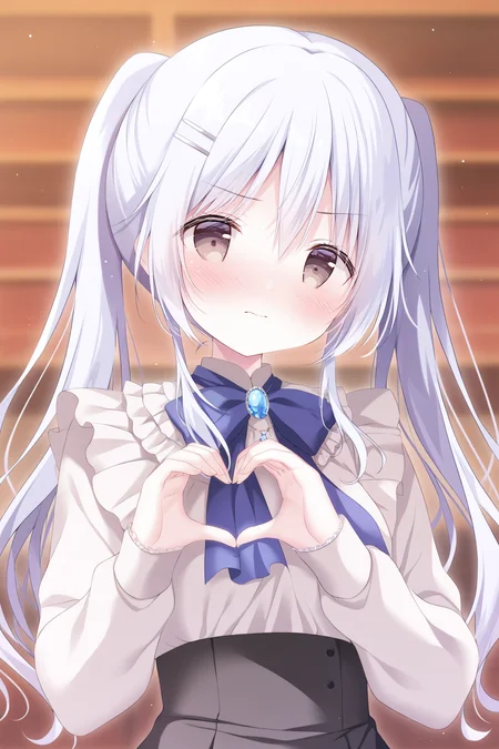 masterpiece, best quality, high quality, detailed, absurdres,newest, scenery, 1girl, solo, official style,best perspective,depth of field, very_aesthetic, best_quality ,high_resolusion, (8K:1.5),,crisp quality, ultra detailed,perfect anatomy,perfect lighting,anime screencap, perfect eyes,detailed eyes,<lora:Arianna_Heartbell_Illustrious:1>,arianna, date arianna, 1girl, long hair, light blue hair, light brown eyes, twintails, bangs, hair between eyes, long sleeves, frilled sleeves, frilled cuffs, frilled blouse, white blouse, center frills, high collar, bow, blue bow, skirt, pleated skirt, black skirt, high waist skirt, suspender skirt, socks, ruffled socks, white socks, shoes, white shoes, strapped shoes, jewel, blue gem, pendant brooch,right hairclip, silver hairclip, double hairclip,
1girl, solo, heart hands, heart, blush, long hair, looking at viewer, (upper body:1.3),, bangs, closed mouth, simple background, embarrassed,frown,wavy mouth,nose blush, head tilt,(upper body:1.5),from below, close-up,