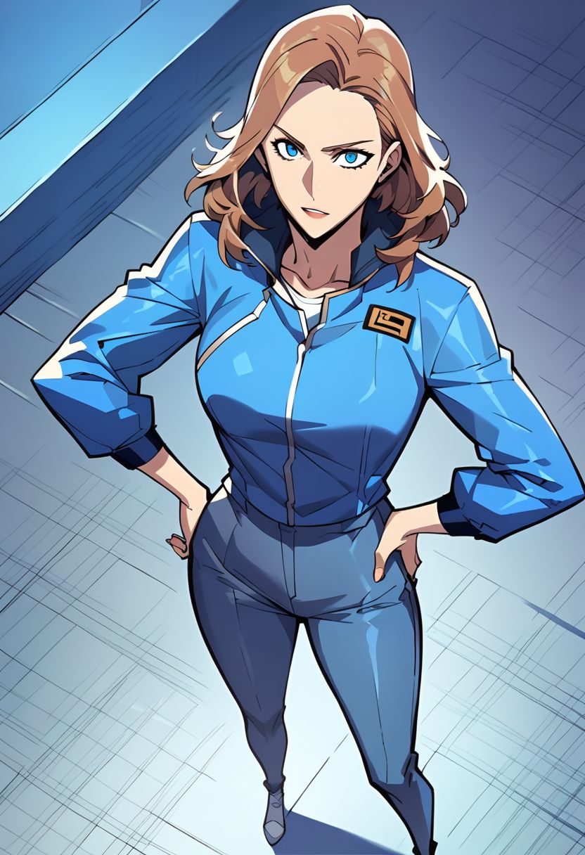 score_9,score_8_up,score_7_up,score_6_up, easynegative, Magnus_PS, 1girl, female focus, brown hair, facial hair, hand on hip, pants, blue jacket, standing, large breast, long sleeves, from above, epiCPhoto