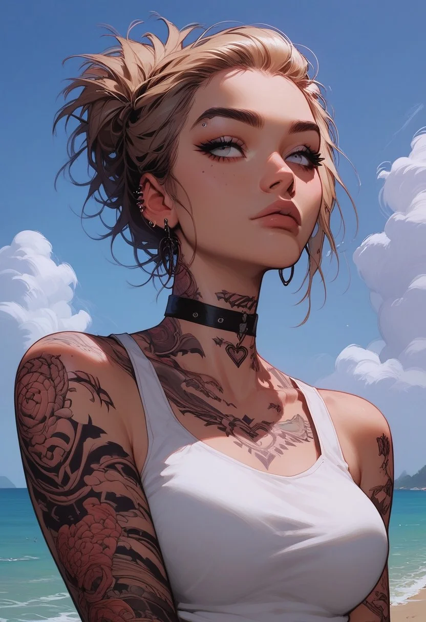 Score_9, Score8_up, Score_7_up, (((High Resolution, Best Quality))),
1girl, solo, Covered in Tattoos, her hand on her head, brushing hair behind ear,
Tanktop, cutoff, choker,
On a Cliff overlooking a beach, Cloudy Sky,