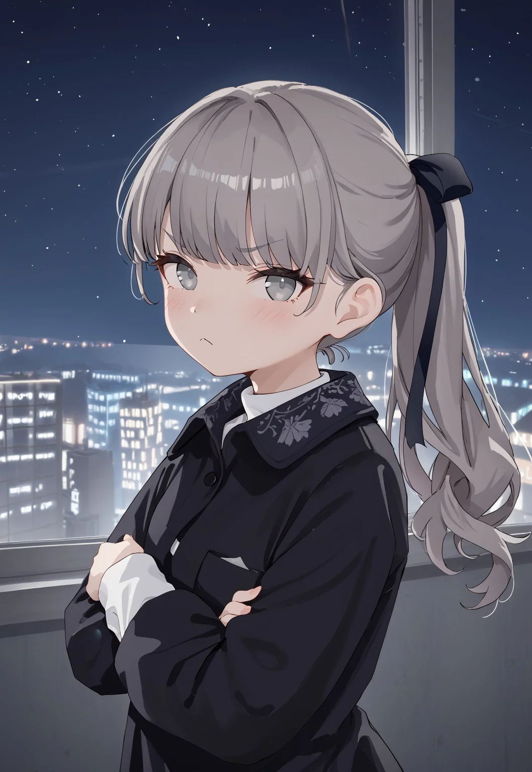 LapwingVRC, bangs, long hair, ponytail, white shirt, long sleeves, grey hair, black jacket, grey eyes, hair ribbon, black dress, collared shirt,
looking at viewer, from side, crossed arms, pout, v-shaped eyebrows, blush,
window, cityscape, neon lights, billboard, dark, night, night sky,
1girl, solo, solo focus, highres, absurdres, light particles, backlighting, shade, lens flare, shiny skin, fine fabric emphasis,