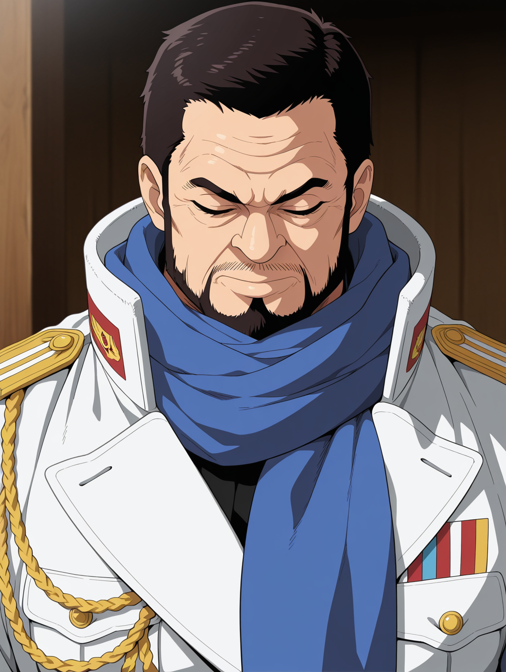 masterpiece, best quality, amazing quality, 1 boy, male focus, solo, Issho, upper body, uniform, facial hair, short hair, parody, beard, scarf, military, closed eyes