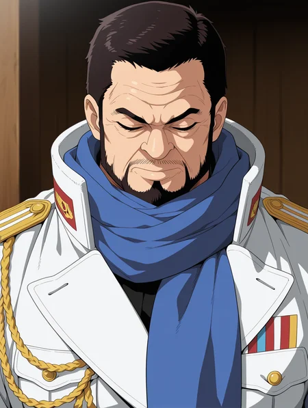 masterpiece, best quality, amazing quality, 1 boy, male focus, solo, Issho, upper body, uniform, facial hair, short hair, parody, beard, scarf, military, closed eyes