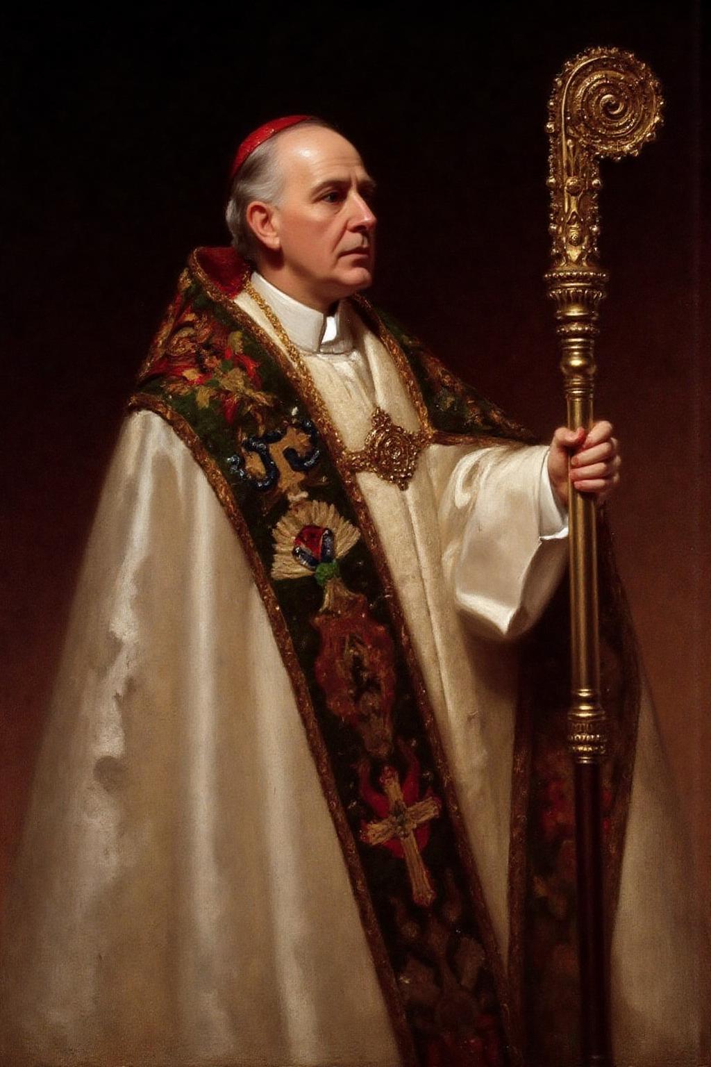 frankowensalisbury1 painting.
An archbishop dressed in ornate vestments, holding a large, intricately designed staff. He is adorned with a richly decorated stole featuring various patterns and symbols, including a prominent cross. The background is dark. <lora:frankowensalisbury1_cap_d8a4:1.0><lora:863247746981745320:0>