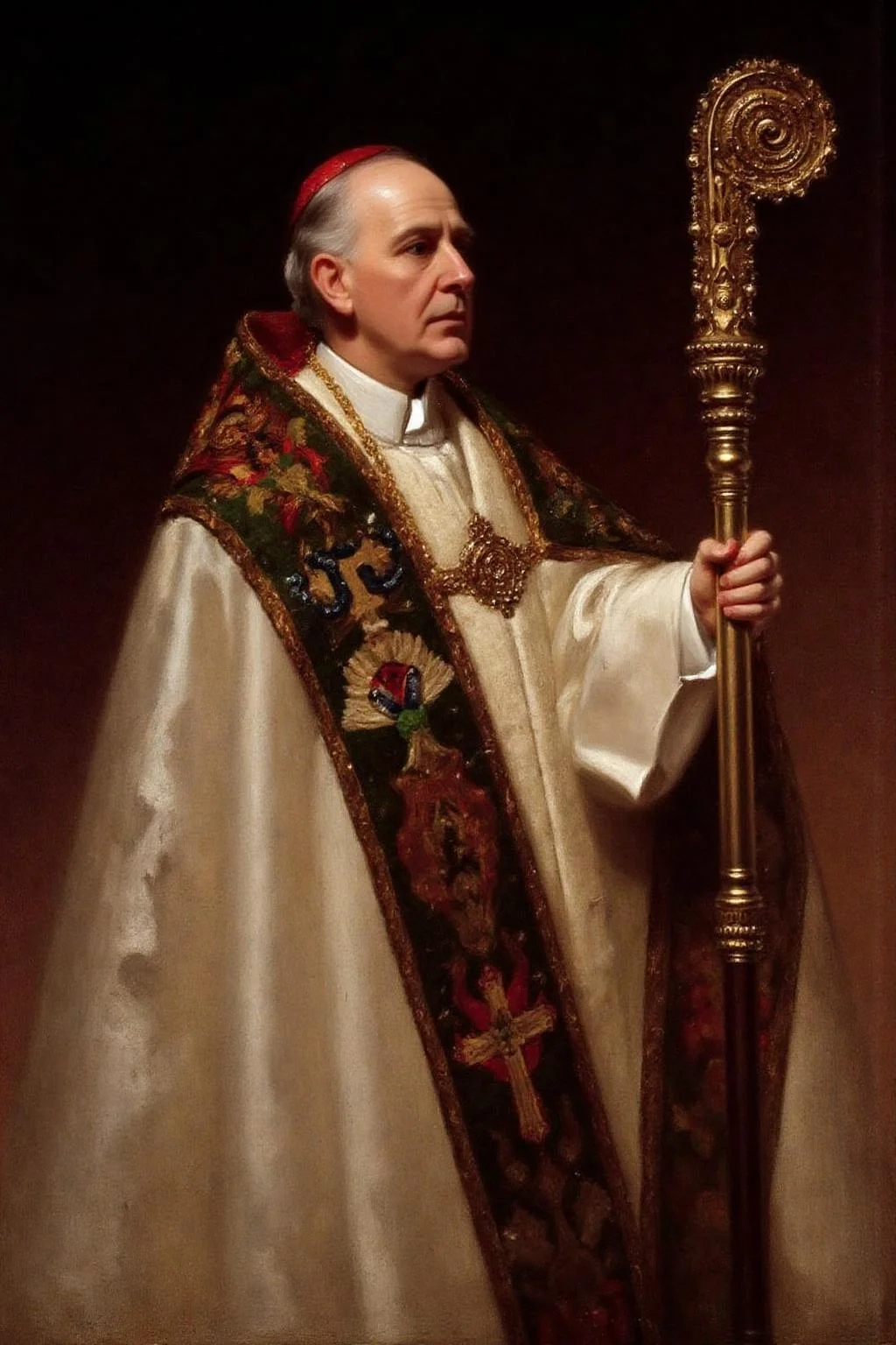 frankowensalisbury1 painting.
An archbishop dressed in ornate vestments, holding a large, intricately designed staff. He is adorned with a richly decorated stole featuring various patterns and symbols, including a prominent cross. The background is dark. <lora:frankowensalisbury1_cap_d8a4:1.0><lora:863247746981745320:0>