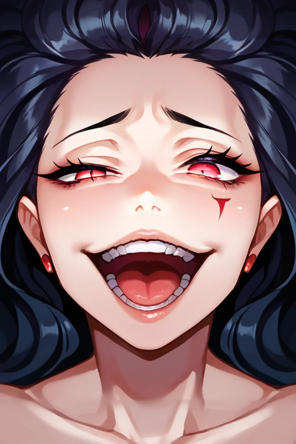 zPDXL, <lora:Concept_Gesugao:1>, 1girl, gesugao, parted lips, evil smile,face focus, open mouth, half closed eye