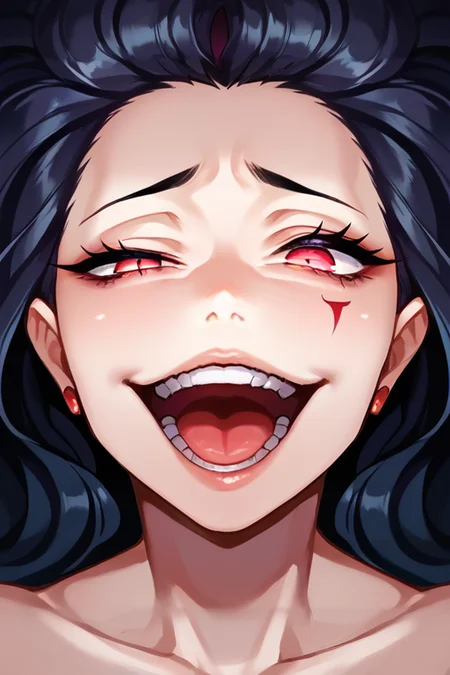 zPDXL, <lora:Concept_Gesugao:1>, 1girl, gesugao, parted lips, evil smile,face focus, open mouth, half closed eye