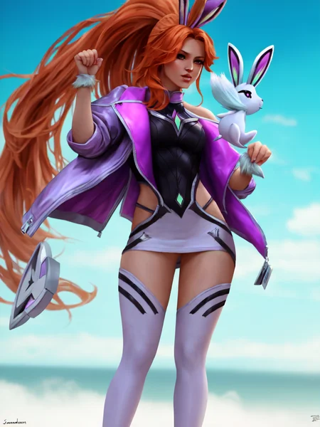 (battle bunny miss fortune), miss fortune \(league of legends\), by jeremy mann, by sandra chevrier, by dave mckean and richard avedon and maciej kuciara, high detailed, 8k, league of legends, absurdres, highres, full body, 1girl, 1girls, female, female focus, female only, solo, (((smug))), (((hands behind back))), (((arms behind back))), orange hair, very long hair, big breasts, dress, layered dress, layered clothes, black and white dress, short dress, pink and white bunny ears, bunny ears, pink and white mini jacket, (mini jacket), bare shoulders, bare thighs, bodysuit, fingerless gloves, freckles, painted nails, looking at viewer, red eyes, thick thighs, ponytail, (white thighhighs), thighs, tight clothing