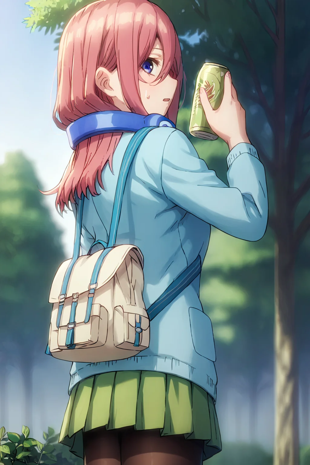 sharp focus, pixiv masterpiece, intricate details, expressionless, source_anime, score_8_up, score_7_up, score_9, <lora:Miku_Nakano_PonyXL_15:0.9>, 1girl, M1kuNakan0_PXL, cowboy shot, from side, from behind, school_bag, headphones, long-sleeve_shirt, mini-skirt, tights, (holding matcha-soda:1.1), arm up, sunny day, sweatdrop, dark-blue uniform, source_anime, looking at viewer, outside, sakura trees, slightly open mouth, (surprised:0.7), detailed eyes, sakura blossom, pink leaves