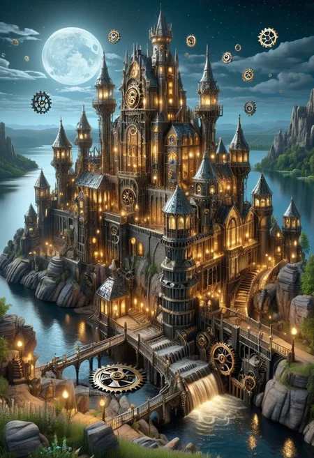g3ars, a fantasy steampunk landscape made out of cogs and gears, of a gothic castle by a glittering lake at night <lora:Gears_World_Morph:1>