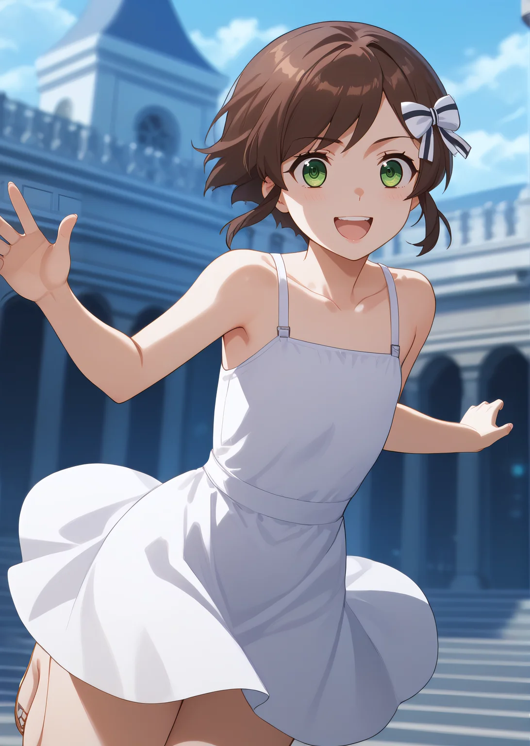 score_9, score_8_up, score_7_up, score_6_up, rating_explicit, source_anime, cinematic shadow, cinematic light, cute and sensitive, soft skin, characters focus, detailed eyes, detailed skins, <lora:StS_age_slider_v1_initial_release:-1>, <lora:StS_detail_slider_v1:3> , <lora:Saegusa_Kasumi:1> kasumi,bangs, brown hair,short hair with long locks, hair bow, green eyes,cowboy shot, smile, 1girl, white dress, jumping,