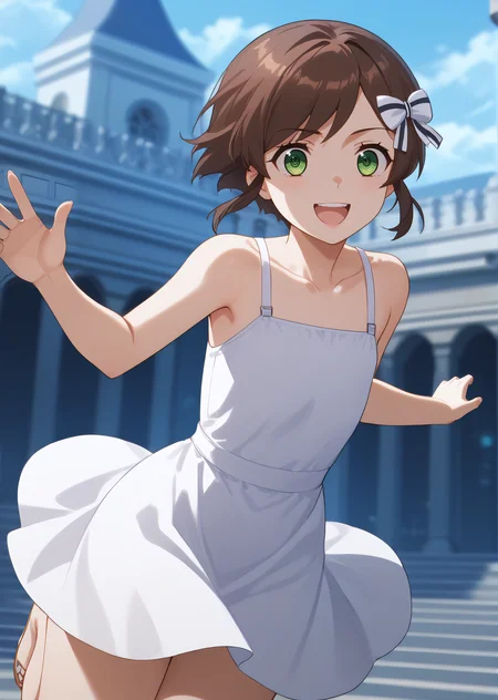 score_9, score_8_up, score_7_up, score_6_up, rating_explicit, source_anime, cinematic shadow, cinematic light, cute and sensitive, soft skin, characters focus, detailed eyes, detailed skins, <lora:StS_age_slider_v1_initial_release:-1>, <lora:StS_detail_slider_v1:3> , <lora:Saegusa_Kasumi:1> kasumi,bangs, brown hair,short hair with long locks, hair bow, green eyes,cowboy shot, smile, 1girl, white dress, jumping,