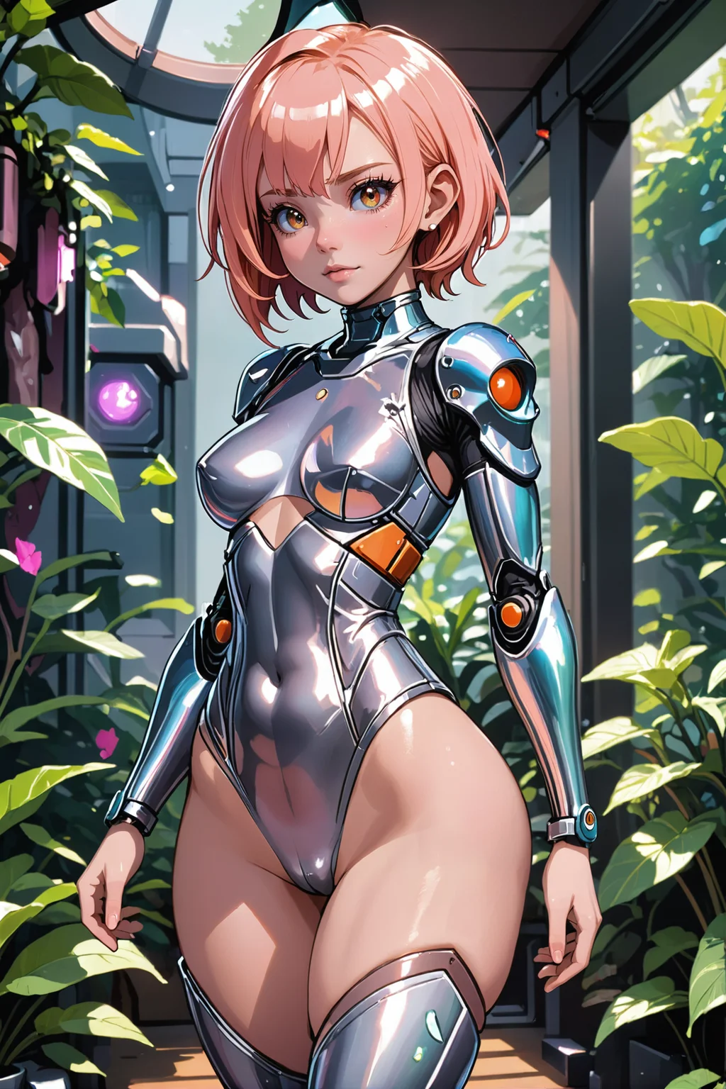1girl, woman, scifi, space opera,galactic gothic,biopunk, assassin, full body, wearing skin-tight shimmering color:lightgrey outfit, bombshell hair, peach hair, short bombshell hair, thicc hourglass figure, small breasts, caucasian, Herbal Garden \(room\) in a cheerful fantasy megacity at the beginning of time<lora:EnvyBetterHiresFixXL01:0:hr=1>