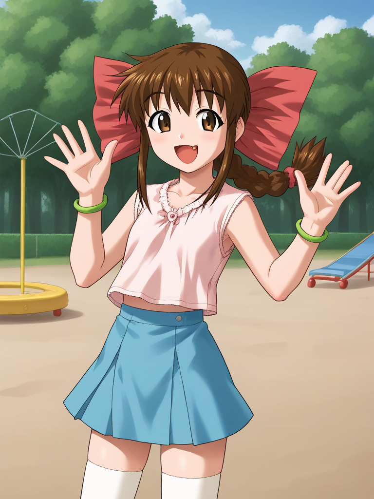 1girl, solo, tamaovgrebirth, brown hair, braided ponytail, pink bow, hair bow, brown eyes, shirt, sleeveless, green bracelet, blue skirt, white thighhighs, outdoors, playground, waving, open mouth, fang, smile, standing, cowboy shot