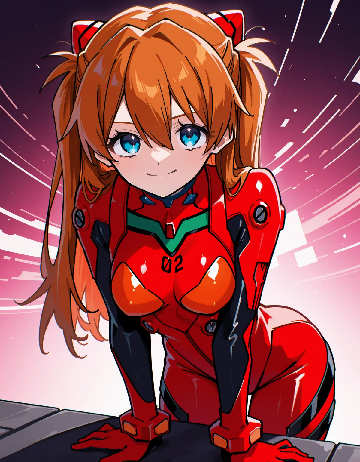 souryuu asuka langley, 1girl, solo, long hair, breasts, looking at viewer, smile, blue eyes, brown hair, hair between eyes, closed mouth, medium breasts, orange hair, two side up, bodysuit, leaning forward, arm support, red bodysuit,
abstract background, 
rating safe, akita,
masterpiece, best quality, amazing quality, highres, newest,  <lora:[illustrious]_akita_v1_(MikuMasteRace):1.0>