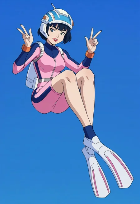 score_9, score_8_up, score_7_up, score_6_up, source_anime:0.75, source_cartoon:0.25, retro artstyle, 1990s \(style\),
BREAK
(blue divehelm-c helmet, pink divingsuit-c), 1girl, solo, short hair, black hair, full body, blue background, fins_ovwp1, underwater, pink diving suit, pink flippers, red lips, scuba tank,