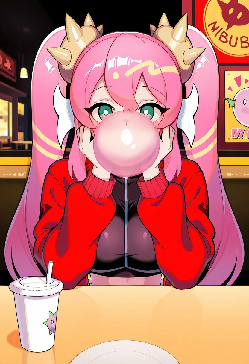1girl, LiveTwinKi-sikilYu-Gi-Oh, general, solo, pov dating, straight-on, long hair, pink hair, twintails, large breasts, spike, red jacket, open jacket, crop top, dating, sitting, looking at viewer, face in hands, restaurant, table, cup, <lora:kp_LiveTwinKi-sikilLil-laYu-Gi-OhIllustrious_v1_0:1.0>, masterpiece, best quality, amazing quality, (( blowing pink bubblegum )),