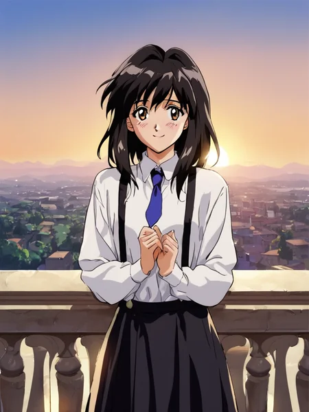 score_9, score_8_up, score_7_up, score_6_up, masterpiece, perfect face, perfect hands, high quality, source_cartoon, (1girl, solo,) balcony, sunset, <lora:Melfina_-_Outlaw_Star:1> melfina, black hair, brown eyes, medium hair, retro artstyle, 1990s (style), white long sleeve shirt, necktie, black skirt, suspenders, shy smile