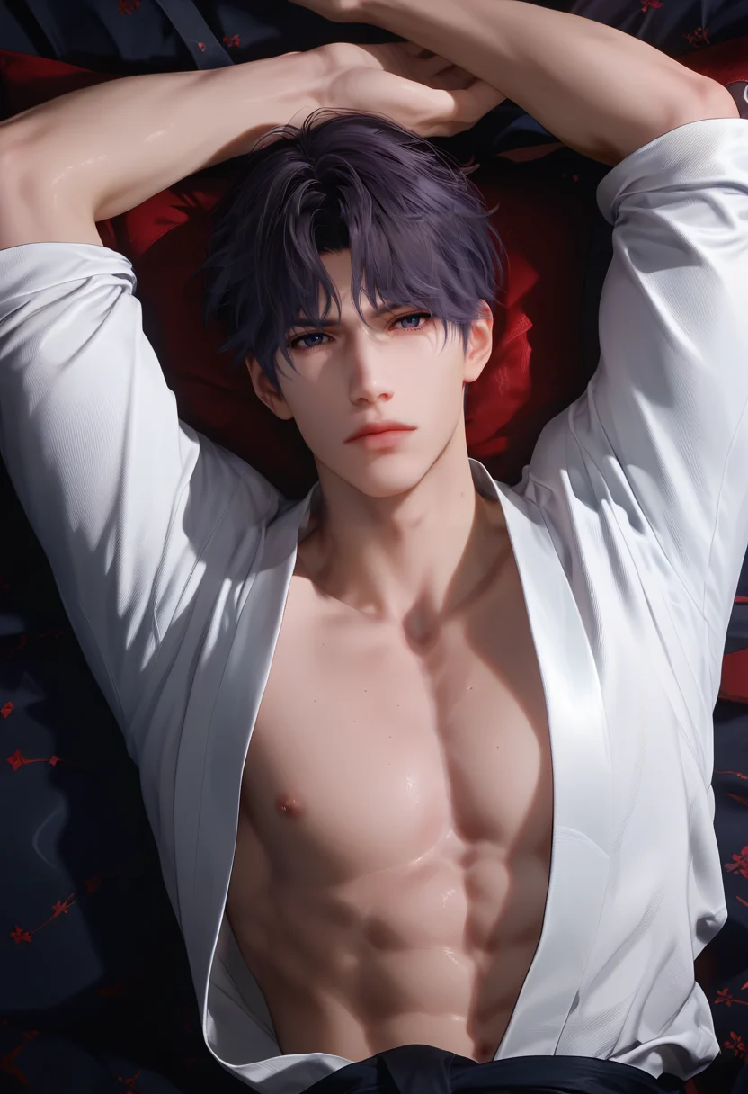 score_9,score_8_up,score_7_up,1boy,solo,yaoi,bara,male focus,fairly nsfw,uncersored,highres,best quality,amazing quality,best aesthetic,absurdres,<lora:add-detail-xl:1>,<lora:Rafayel:0.5>,rafayel,bangs,lips,<lora:Expressive_H:1>,Expressiveh,closed mouth, open clothes, lying,on bed, japanese clothes,looking at viewer, arms up,