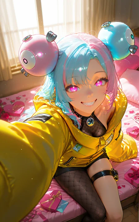 HDR, 8K, Ultra HD Wallpaper, 2.5D, high contrast, masterpiece, best quality, amazing quality, very aesthetic, ultra-detailed, absurdres, newest, scenery, BREAK, stunning stylized portrait, (from above, taking selfie, medium-shot, focus on character:1.4), fisheye lens effect, <lora:IonoPokemonIXL:0.8>, zzIono, 1girl, solo, gorgeous face, perfect figure, fair porcelain skin, flawless complexion, long hair, blue hair, pink hair, light blue hair, multicolored hair, ((bow-shaped hair)), long lashes, pink eyes, (cutely sitting in a cozy pastel-colored bedroom filled with plushies, pillows, and cute decorations, playful pose, wide smile, sharp teeth, joyful excited expression:1.5), (bright morning ambiance, sunlight streaming through windows, airy and refreshing atmosphere:1.3), (soft breeze moving curtains slightly:1.2), (surrounded by numerous Valentineâs chocolates, heart-shaped boxes, gift bags, rose bouquets, scattered love letters:1.5), (yellow jacket, sleeves past fingers, single leg pantyhose, thigh strap:1.4), (gift wrapping paper and cards scattered around:1.3), intense color contrast, intricate details, soft and bright lighting, chiaroscuro lighting, sharp focus, cinematic framing, romantic ambiance, highly rendered, photorealistic, bokeh light effects, volumetric lighting, dappled light, light particles, depth of field, intricate textures, cinematic color grading, vibrant colors, ethereal beauty, IBG, <lora:0d28507d-6abc-443d-9c00-5f399ab8c7eb.TA_trained:1>, <lora:add-detail-xl:1.5>, <lora:More_interesting_backgrounds:1>.