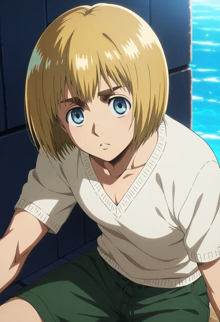 masterpiece, best quality, intricate details, anime screencap, anime coloring, , looking at viewer, , 1boy, solo, male focus, <lora:armin_arlert_ilxl:0.96>, armin_arlert, blonde hair, blue eyes, short hair, bob cut, bangs, , , Cargo swim trunks, V-neck sweater, , ,