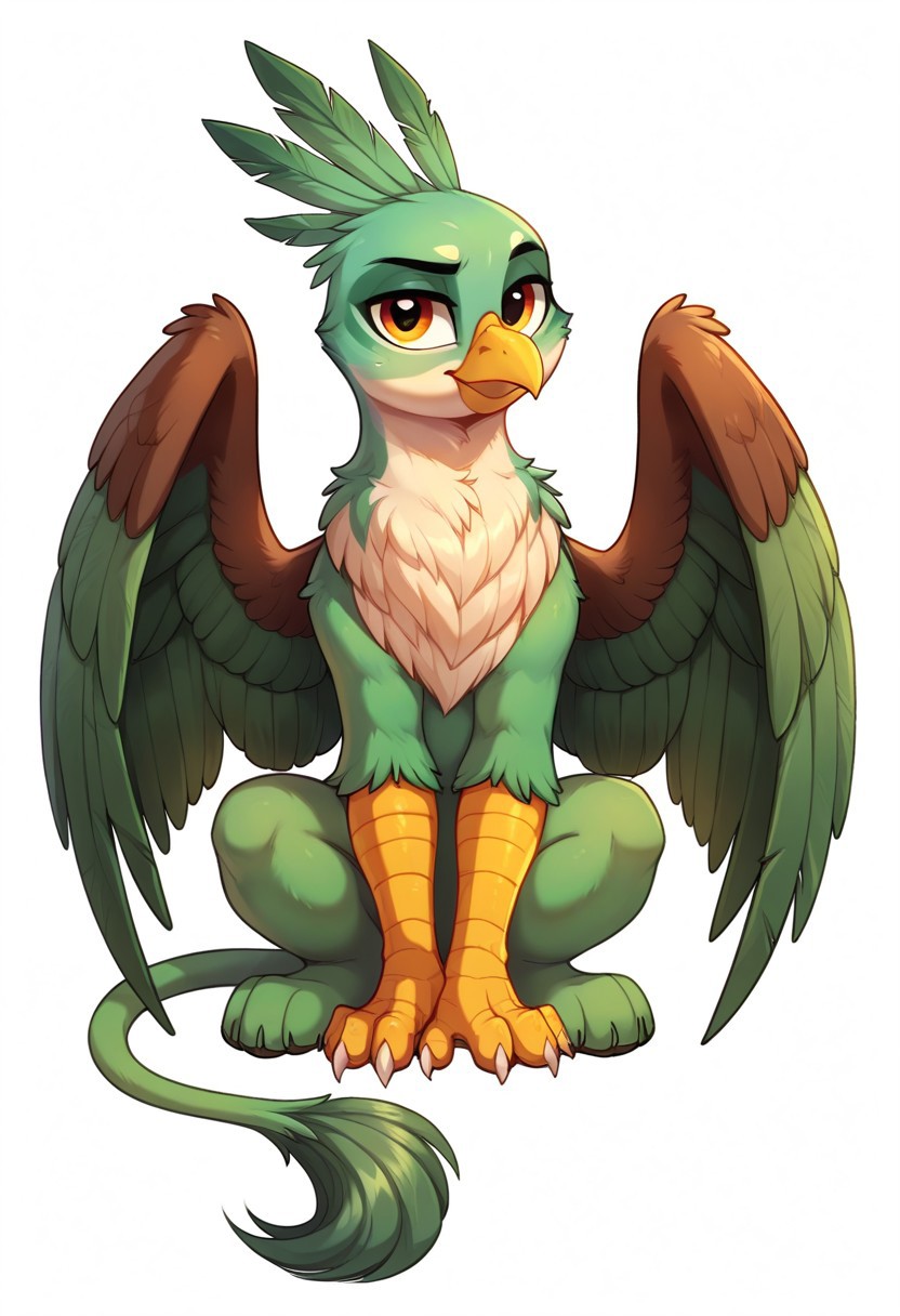 score_9, score_8_up, score_7_up, score_6_up, griffon, full body, original character, Wenge body color by code ((5D5B54)), Dollar Bill Green feather bangs color by code ((87BA59)), eye color Persian Orange ((D08E51)), griffon, my little pony, male, tail with a dawn colored tassel ((A4A097)), the wings are folded behind the back, solo, white background, sits, Looks at the viewer
