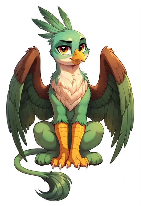 score_9, score_8_up, score_7_up, score_6_up, griffon, full body, original character, Wenge body color by code ((5D5B54)), Dollar Bill Green feather bangs color by code ((87BA59)), eye color Persian Orange ((D08E51)), griffon, my little pony, male, tail with a dawn colored tassel ((A4A097)), the wings are folded behind the back, solo, white background, sits, Looks at the viewer