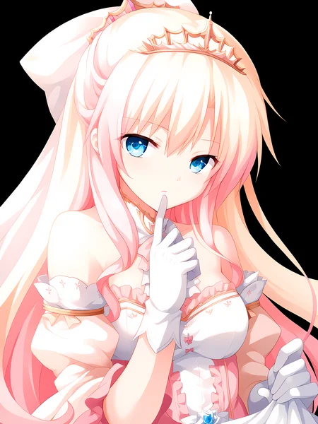 eushully,margireta,1girl,solo,long hair,dress,blue eyes,gloves,blonde hair,very long hair,black background,simple background,bow,bare shoulders,white gloves,multicolored hair,pink hair,tiara,hair ribbon,<lora:Madou_Koukaku_-_Eushully:1>,, score_9, score_8_up, score_7_up,source_anime,(masterpiece),(best quality),(ultra-detailed),(best illustration),(best shadow),(absurdres),(detailed background),(very aesthetic),source_anime