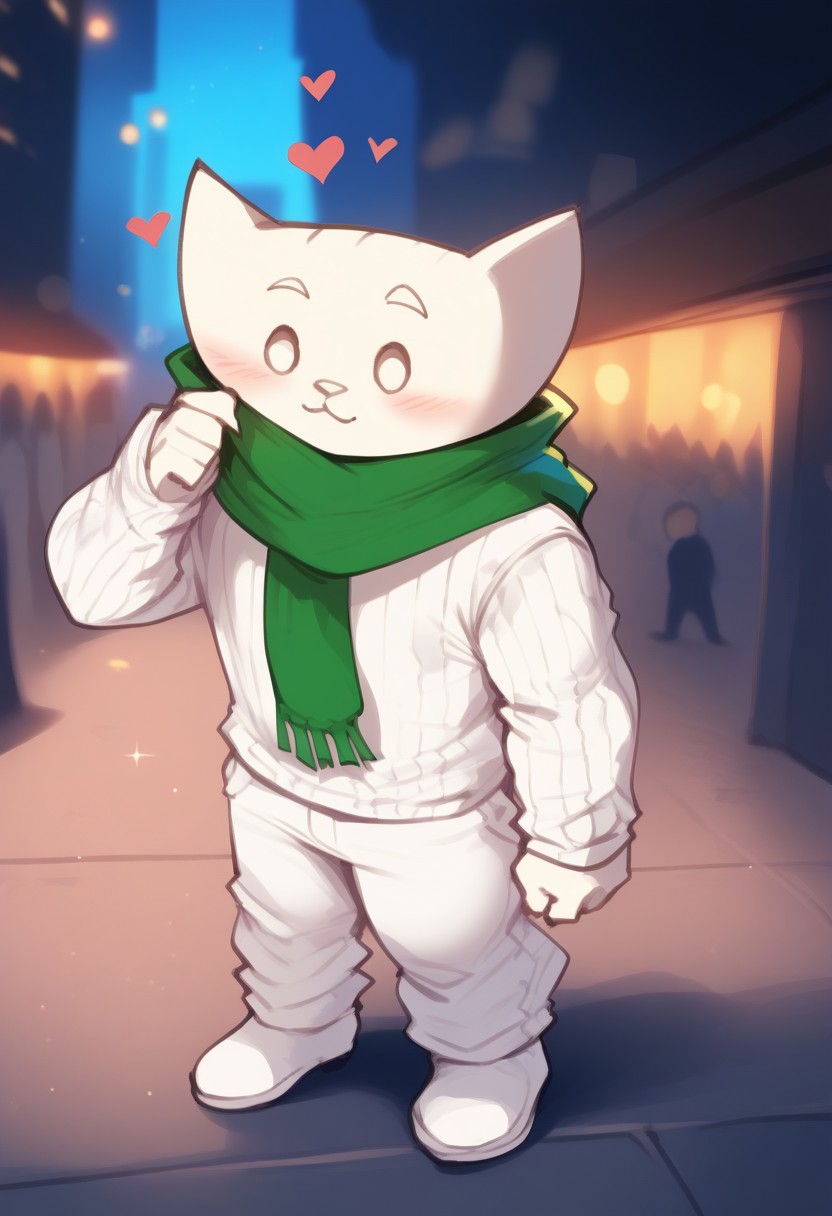 score_9, score_8_up, score_7_up , masterpiece, beautiful, 1 boy, solo
,TherisDoki, Cat Boy, furry, cute, chibi, cat ears, animal nose, o o,
, green scarf.
cat Boy, furry, cute, chibi, cat ears, animal nose, o o,
white long sleeves sweater, white pants, standing, hearts rain,  city backgorund, white colored city