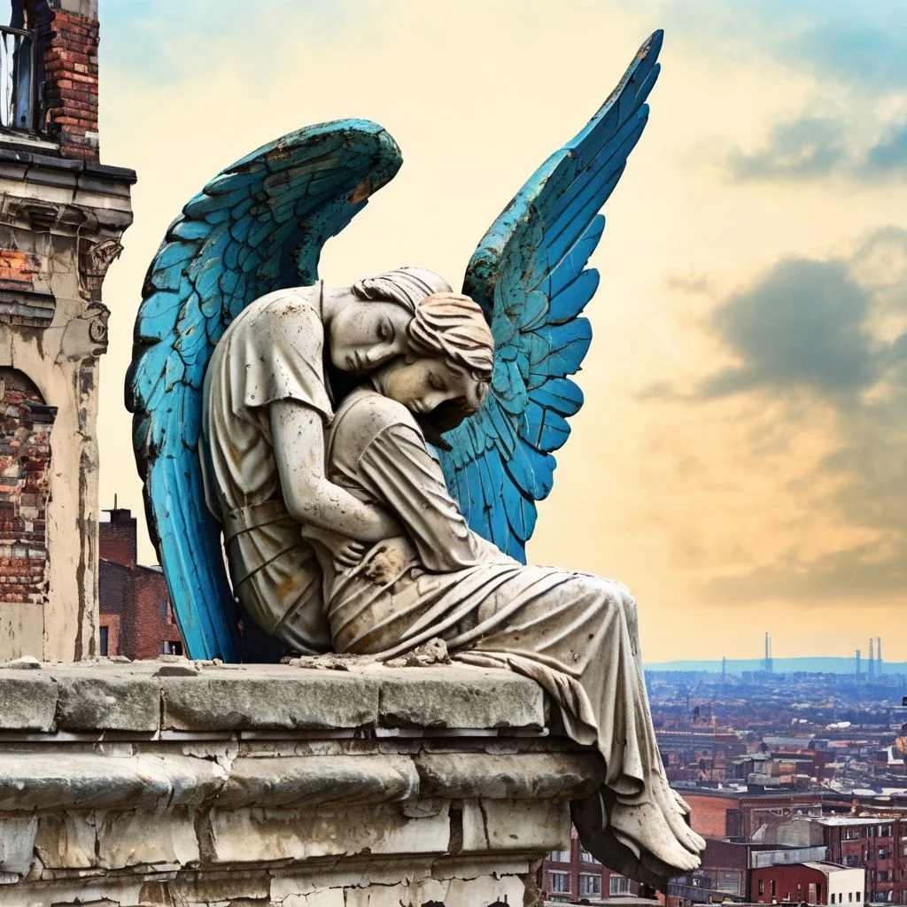 Highly-detailed desolation angels, weeping, consoling hug, wings, high-resolution, in stone, on top of city of ruins, photorealistic, urban photography, blue sky above abstract industrial decline, high quality