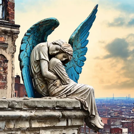 Highly-detailed desolation angels, weeping, consoling hug, wings, high-resolution, in stone, on top of city of ruins, photorealistic, urban photography, blue sky above abstract industrial decline, high quality