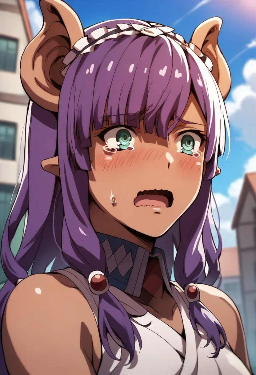 score_9,score_8_up,score_7_up,source_anime, Piglette Pancetta,1girl,solo,blush,open mouth,bangs,bare shoulders,upper body,outdoors,sky,sleeveless,day,cloud,tears,blue sky,parody,wavy mouth