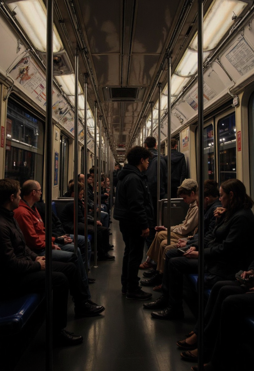 photorealistic painting of the inside of a subway car, with people standing and sitting looking tired, at night, lit by lamps in the ceiling, detailed clothes and skin <lora:hyperrealism-000103:1>