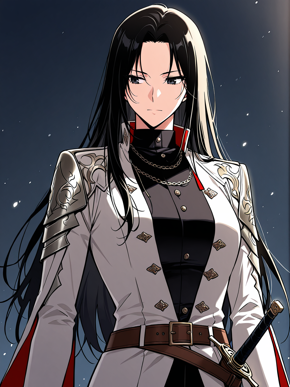 <lora:Omniscient_Readers_Viewpoint__Jung_Heewon:1>
1 girl, solo, black hair, long hair, black eyes, straight hair, loose hair, 
white coat, red inner lining, black shirt, black pants, brown belt, sword sheath, 
score_9, score_8_up, score_7_up, score_6_up, source_anime, rating_explicit, masterpiece, best quality, intricate details, gothic fantasy, upper body portrait, dramatic pose, confident gaze, cinematic lighting, clean background, glowing magical particles, detailed face, vibrant colors