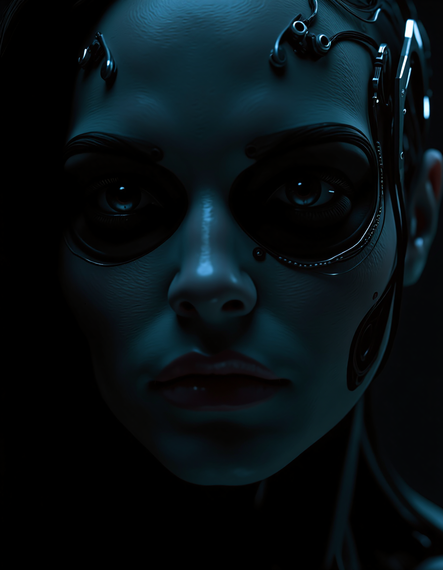 Close up face, (hybrid ethereal host - cybernetic woman). Eerie, moody atmosphere, (biomechanical details), intricate metal textures, surreal and haunting vibes, illuminated by soft, otherworldly light, shadowy background with faint glimmers, hyperdetailed design, enigmatic presence, striking contrast between light and darkness, visually compelling composition, (4K), ultra-detailed artistry. hkmagic, cyberpunk, style of H. R. Giger, <lora:artist/style_of_H._R._Giger_FLUX_295-000006.safetensors:1.0>,  <lora:flux/Realism 2.safetensors:1.0>, realism, realistic, <lora:flux/skin texture style v5.safetensors:1.0>, skin texture style, realism, detailed, <lora:Sinfully_Stylish_1.0_Flux.safetensors:1.0>, sinfully stylish, dramatic light,