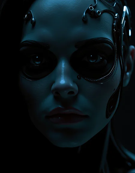 Close up face, (hybrid ethereal host - cybernetic woman). Eerie, moody atmosphere, (biomechanical details), intricate metal textures, surreal and haunting vibes, illuminated by soft, otherworldly light, shadowy background with faint glimmers, hyperdetailed design, enigmatic presence, striking contrast between light and darkness, visually compelling composition, (4K), ultra-detailed artistry. hkmagic, cyberpunk, style of H. R. Giger, <lora:artist/style_of_H._R._Giger_FLUX_295-000006.safetensors:1.0>, <lora:flux/Realism 2.safetensors:1.0>, realism, realistic, <lora:flux/skin texture style v5.safetensors:1.0>, skin texture style, realism, detailed, <lora:Sinfully_Stylish_1.0_Flux.safetensors:1.0>, sinfully stylish, dramatic light,