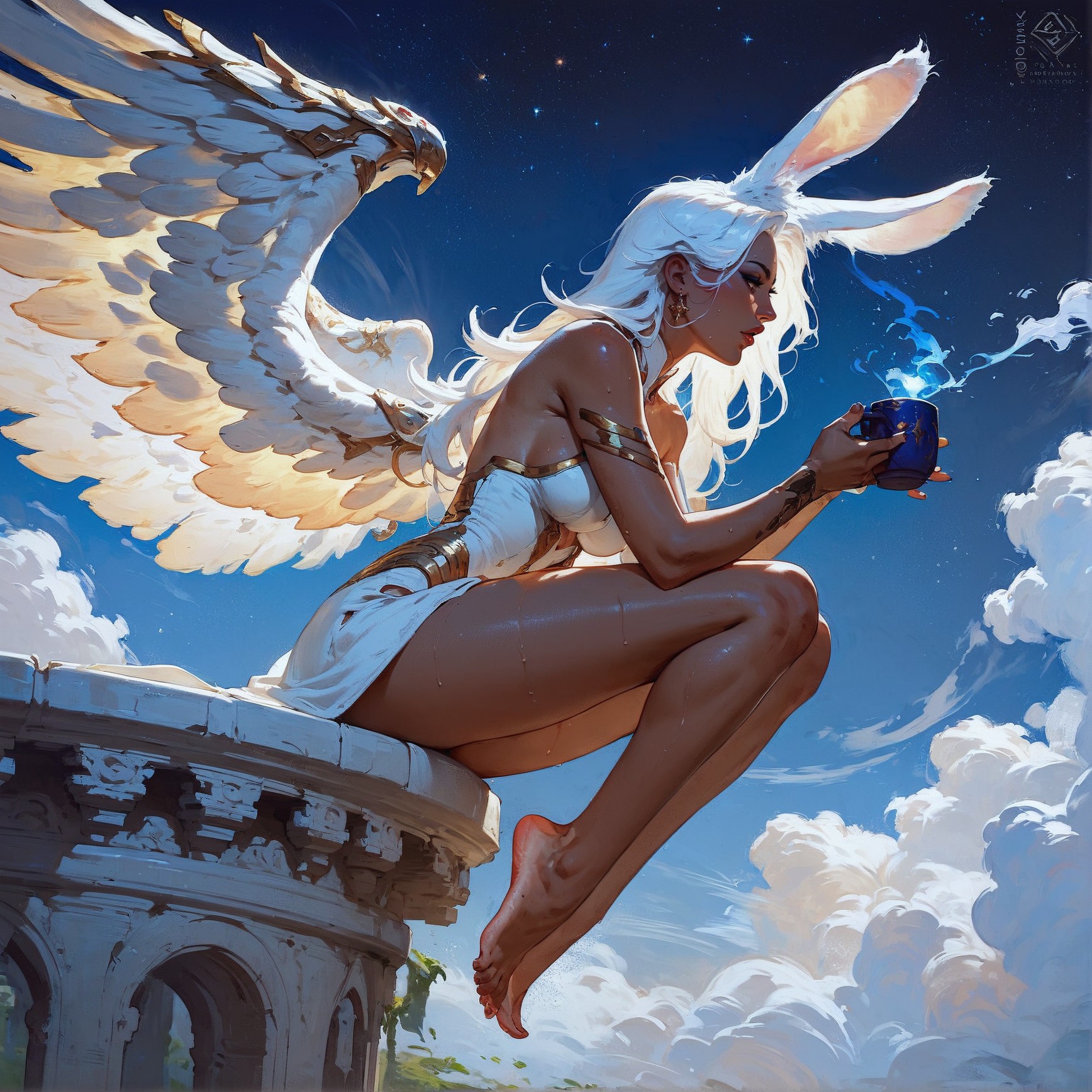 score_9, score_8_up, score_7_up,  rating_questionable, 20yo girl, 1girl, viera, solo, tall, angel wings, white dress, red trim, a woman with white hair, Brom, beautifully backlit, fantasy art, dark skin, long hair, rabbit ears, white hair, space traveler, galactic, otherworldly, ethereal, atmospheric, galaxy, sweat, full body, romantic, sitting, drinking coffee, feet, toes, side view, view from below, head turned away  <lora:pony/twilight_style:0.8> <lora:pony/expressiveh:0.8> expressiveh