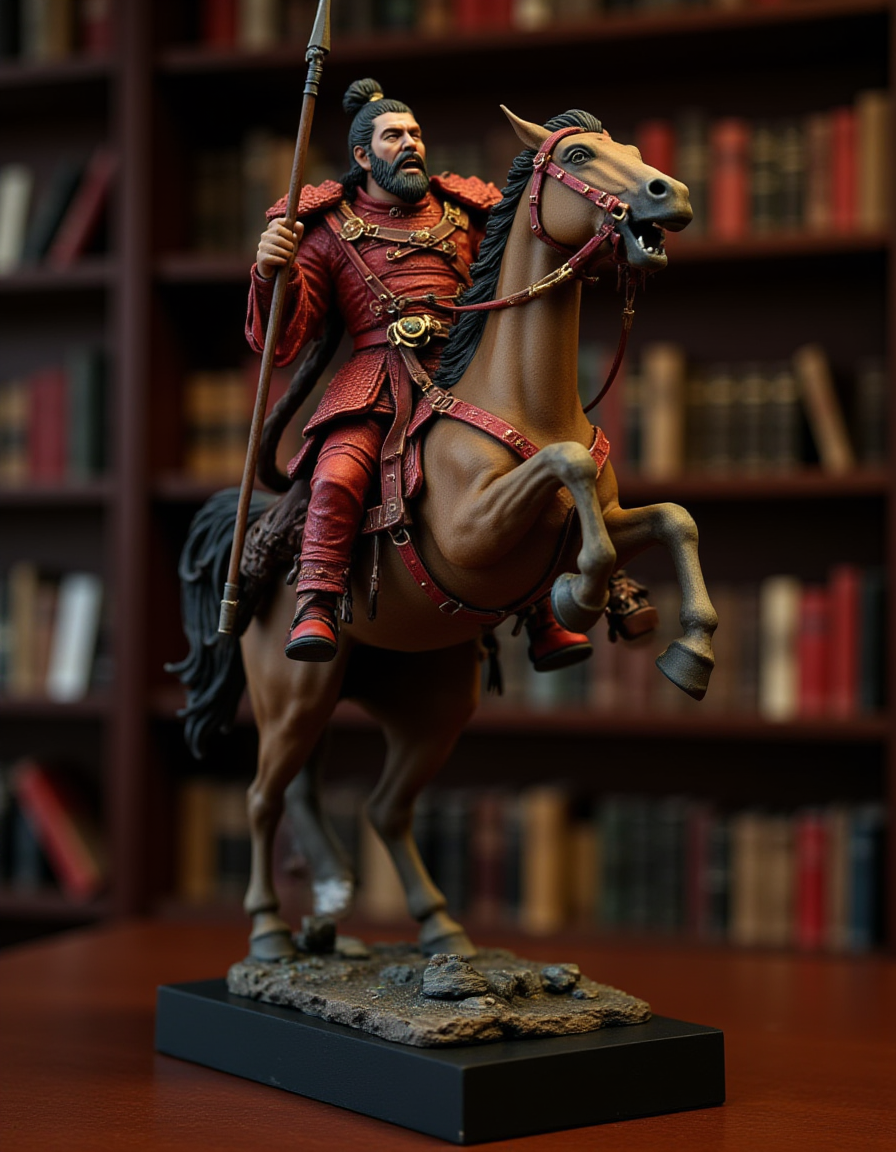 A highly detailed, professionally captured RAW image of a Chinese warrior from the Romance of the Three Kingdoms, charging into the enemy camp on horseback and roaring. The base is rectangular. The figure holds the reins of the horse in his left hand and  spear in his right. He is wearing red armor, with sharp eyes and a beard. The horse is baring its teeth and has its eyes wide open, giving it a realistic sense of movement that makes it seem as if it could move at any moment. The armor is also highly detailed. The horse's neighing is full of dynamism, as if the warrior's roar could be heard at any moment. The statue is placed on a library table. The library's bookshelves can be seen in the background. <lora:FLUX.1d_-_Miniatures:1> <lora:Flux.1_Turbo_Detailer:1>,polearm(1.3),polesword(1.3),