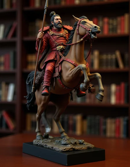 A highly detailed, professionally captured RAW image of a Chinese warrior from the Romance of the Three Kingdoms, charging into the enemy camp on horseback and roaring. The base is rectangular. The figure holds the reins of the horse in his left hand and spear in his right. He is wearing red armor, with sharp eyes and a beard. The horse is baring its teeth and has its eyes wide open, giving it a realistic sense of movement that makes it seem as if it could move at any moment. The armor is also highly detailed. The horse's neighing is full of dynamism, as if the warrior's roar could be heard at any moment. The statue is placed on a library table. The library's bookshelves can be seen in the background. <lora:FLUX.1d_-_Miniatures:1> <lora:Flux.1_Turbo_Detailer:1>,polearm(1.3),polesword(1.3),